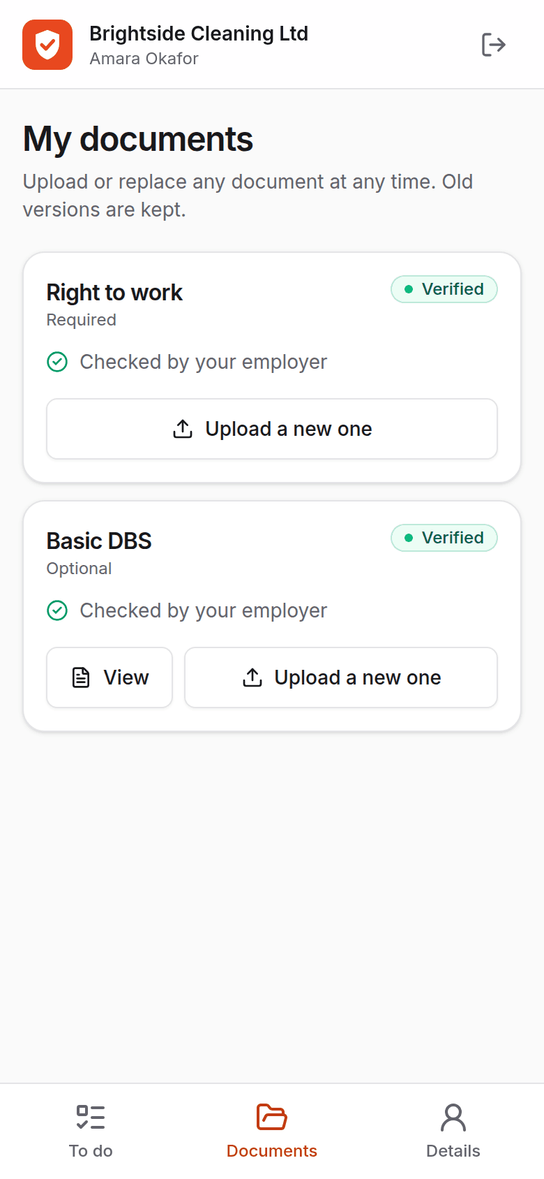 The person portal on a phone, listing their documents and statuses