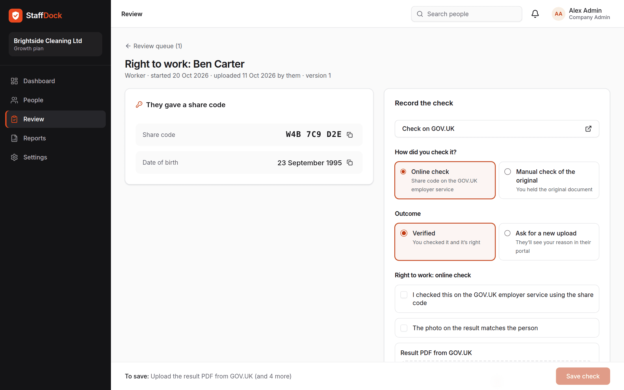 The StaffDock review screen with the share code on the left and the right to work record form on the right